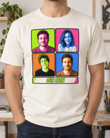 Natural cream pop art portrait tee with three uploaded photos cycling through lime, pink, orange and blue panels beneath a short comic title.