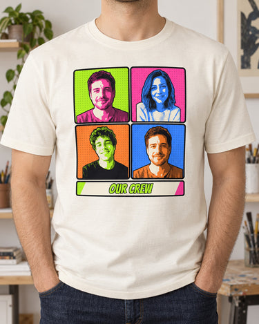 Natural cream pop art portrait tee with three uploaded photos cycling through lime, pink, orange and blue panels beneath a short comic title.