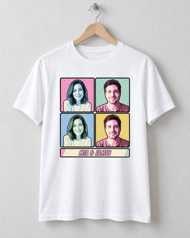 White custom pop art portrait shirt on a wooden hanger, with alternating portraits in pastel panels, dark outlines and a cream name strip.