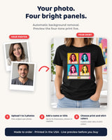 Photo customization steps for the pop art portrait shirt: upload one to three photos, add a short name and select the print and shirt colors.