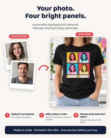Photo customization steps for the pop art portrait shirt: upload one to three photos, add a short name and select the print and shirt colors.