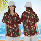 Woman wearing the Potions & Spellbooks Fantasy RPG Hawaiian Shirt with custom faces, front and back view