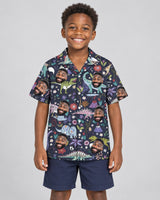 Prehistoric Garden Dinosaur Floral Hawaiian shirt with printed faces, worn by a child