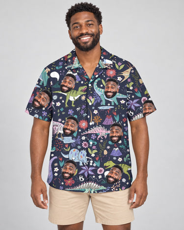 Prehistoric Garden Dinosaur Floral Hawaiian shirt with printed faces, worn by a man