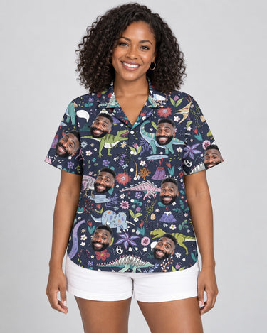 Prehistoric Garden Dinosaur Floral Hawaiian shirt with printed faces, worn by a woman