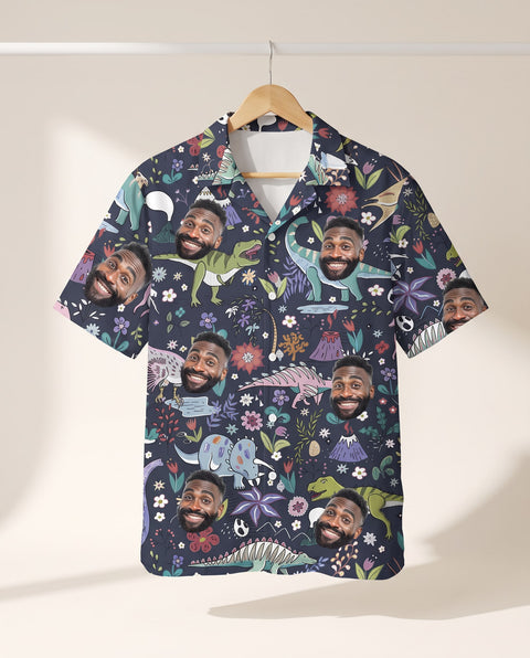 Prehistoric Garden Dinosaur Floral personalized Hawaiian shirt printed with customer faces