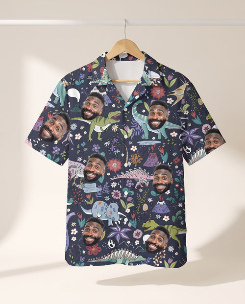 Prehistoric Garden Dinosaur Floral personalized Hawaiian shirt printed with customer faces
