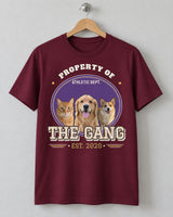 Maroon pet varsity shirt on a wooden hanger, with three pet photos in a purple and gold oval patch, THE GANG lettering and an EST. 2020 year row.