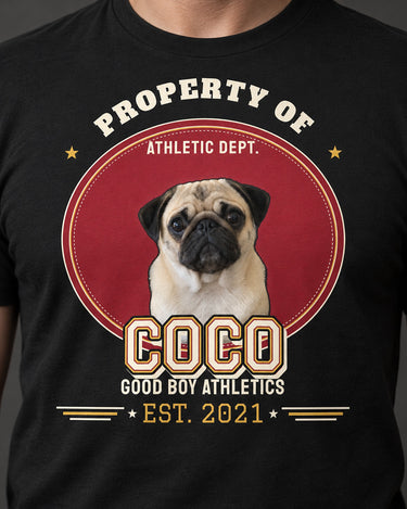 Close-up of a black COCO varsity pet shirt showing the pug photo, cream and gold outlined letters, oval patch border and printed dashed stitch detail.