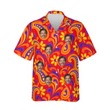 Psychedelic 60s Red Paisley Hawaiian Shirt personalized with printed faces, front view
