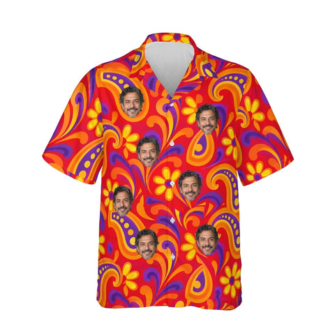 Psychedelic 60s Red Paisley Hawaiian Shirt personalized with printed faces, front view
