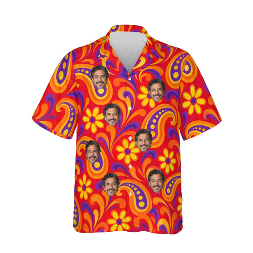 Psychedelic 60s Red Paisley Hawaiian Shirt personalized with printed faces, front view