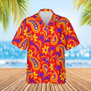 Psychedelic 60s Red Paisley Hawaiian Shirt print before personalizing, front view