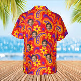 Psychedelic 60s Red Paisley Hawaiian Shirt with custom faces, back view