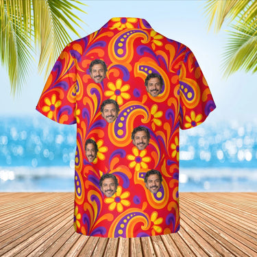 Psychedelic 60s Red Paisley Hawaiian Shirt with custom faces, back view