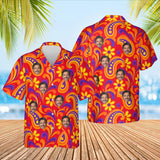 Psychedelic 60s Red Paisley Hawaiian Shirt with custom faces, front and back