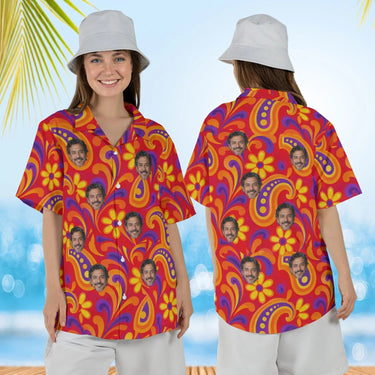 Woman wearing the Psychedelic 60s Red Paisley Hawaiian Shirt with custom faces, front and back view