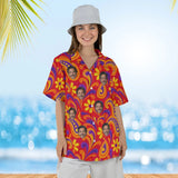 Woman wearing the Psychedelic 60s Red Paisley Hawaiian Shirt with custom faces