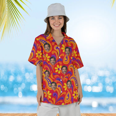 Woman wearing the Psychedelic 60s Red Paisley Hawaiian Shirt with custom faces