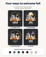 Four seasonal options for the personalized pumpkin pet shirt: Pumpkin Patch, Spooky Night, Harvest Thanks and Witchy, with seven shirt colors.
