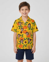 Pumpkin Patch Thanksgiving Hawaiian Shirt with printed faces, worn by a child
