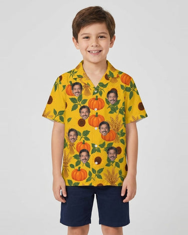Pumpkin Patch Thanksgiving Hawaiian Shirt with printed faces, worn by a child