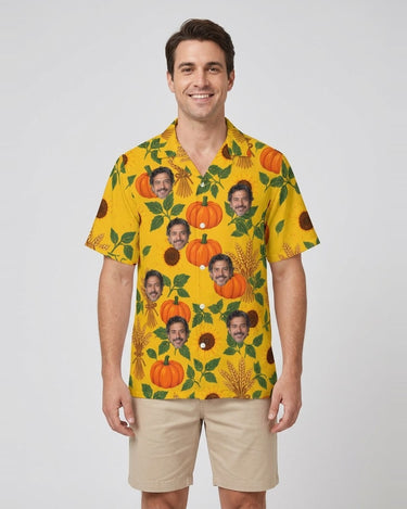 Pumpkin Patch Thanksgiving Hawaiian Shirt with printed faces, worn by a man