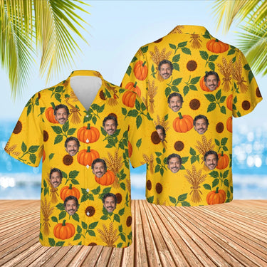 Pumpkin Patch Thanksgiving Hawaiian Shirt with custom faces, front and back