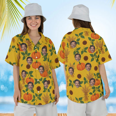 Woman wearing the Pumpkin Patch Thanksgiving Hawaiian Shirt with custom faces, front and back view