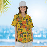 Woman wearing the Pumpkin Patch Thanksgiving Hawaiian Shirt with custom faces
