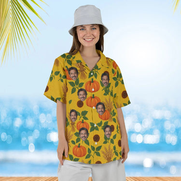 Woman wearing the Pumpkin Patch Thanksgiving Hawaiian Shirt with custom faces