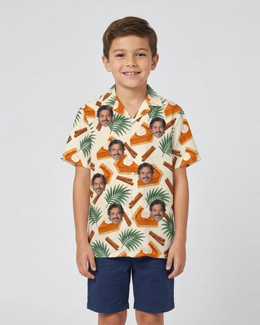 Pumpkin Pie Paradise Thanksgiving Hawaiian Shirt with printed faces, worn by a child