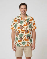 Pumpkin Pie Paradise Thanksgiving Hawaiian Shirt with printed faces, worn by a man
