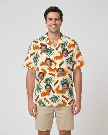 Pumpkin Pie Paradise Thanksgiving Hawaiian Shirt with printed faces, worn by a man