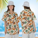 Woman wearing the Pumpkin Pie Paradise Thanksgiving Hawaiian Shirt with custom faces, front and back view