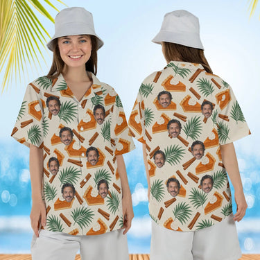 Woman wearing the Pumpkin Pie Paradise Thanksgiving Hawaiian Shirt with custom faces, front and back view