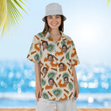 Woman wearing the Pumpkin Pie Paradise Thanksgiving Hawaiian Shirt with custom faces
