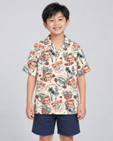 Punk Skeleton Beach Hawaiian shirt with printed faces, worn by a child