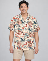 Punk Skeleton Beach Hawaiian shirt with printed faces, worn by a man