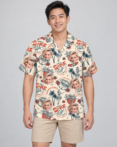 Punk Skeleton Beach Hawaiian shirt with printed faces, worn by a man