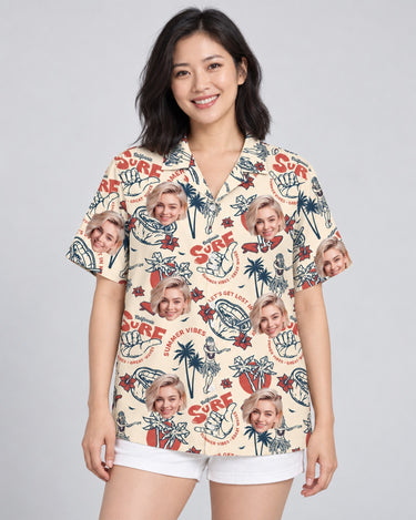 Punk Skeleton Beach Hawaiian shirt with printed faces, worn by a woman