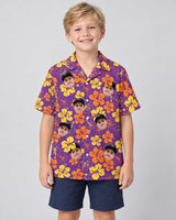 Purple Floral Hibiscus Hawaiian shirt with printed faces, worn by a child