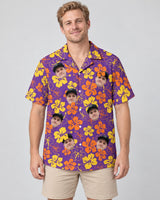 Purple Floral Hibiscus Hawaiian shirt with printed faces, worn by a man