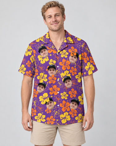 Purple Floral Hibiscus Hawaiian shirt with printed faces, worn by a man