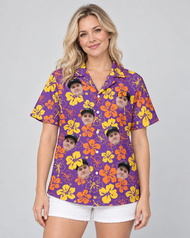 Purple Floral Hibiscus Hawaiian shirt with printed faces, worn by a woman