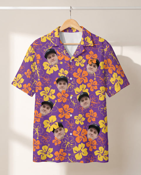 Purple Floral Hibiscus personalized Hawaiian shirt printed with customer faces