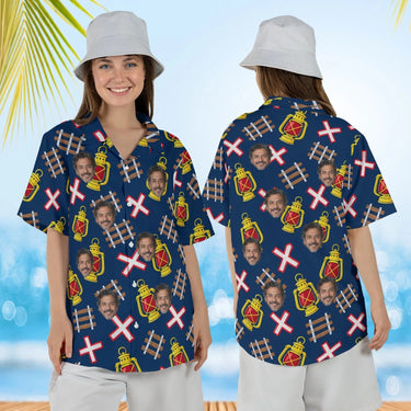 Woman wearing the Railroad Train Hawaiian Shirt with custom faces, front and back view