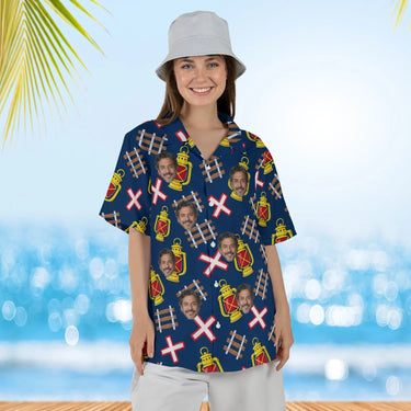 Woman wearing the Railroad Train Hawaiian Shirt with custom faces