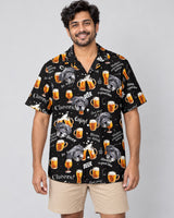 Raise a Toast Hawaiian shirt with printed faces, worn by a man