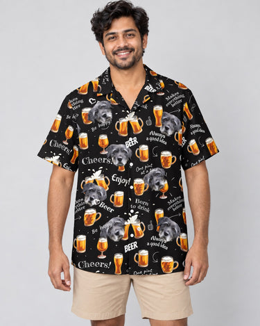 Raise a Toast Hawaiian shirt with printed faces, worn by a man